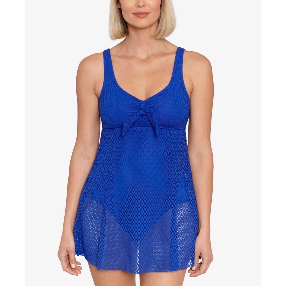 Swim Solutions Blue Crochet Bow Front Swim Dress Tummy Control NWOT 14